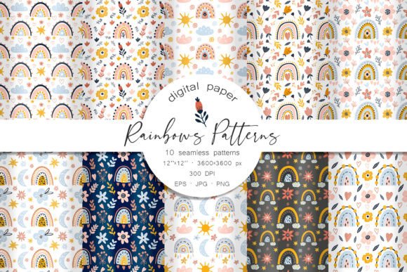 Download Rainbows and Flowers Seamless Patterns - Bow Collection