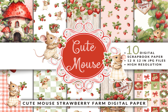 Download Cute Mouse Strawberry Farm Digital Paper - Digital paper Collection