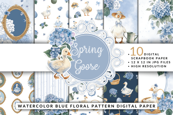Download Spring Goose Blue Floral Digital Paper - Digital paper Collection