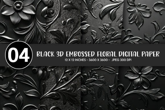 Download Black 3D Embossed Floral Digital Paper - Digital paper Collection
